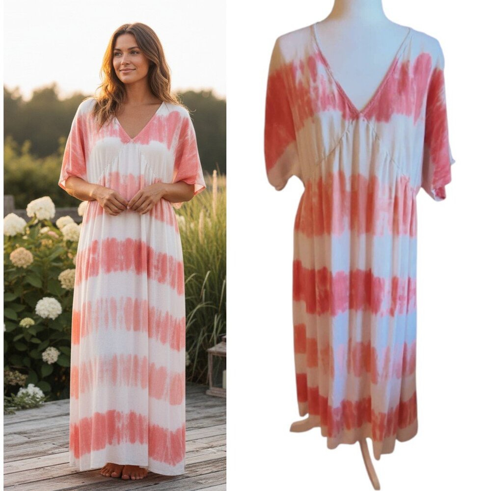 Knox Rose Boho Maxi Dress Women's Size XL Tie Dye Orange Short Sleeve Striped